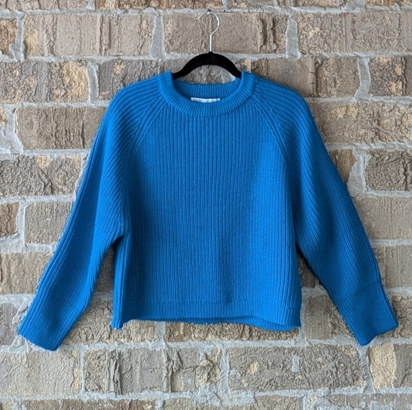 Zara Blue Ribbed Crew Neck Sweater Size XL Wool Blend - Picture 1 of 6
